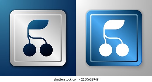 White Fresh summer berries icon isolated on blue and grey background. Berry fruit. Silver and blue square button. Vector