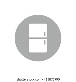 White fridge icon vector illustration. Gray circle. Gray button