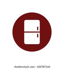 White fridge icon vector illustration. Red circle. Red button