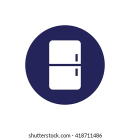 White fridge vector icon illustration. Blue circle. Blue button