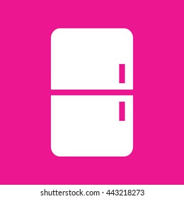 White fridge vector icon illustration. Pink background