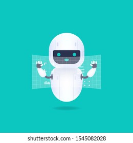 White friendly android robot with HUD interface screen. Cute and smile AI robot.