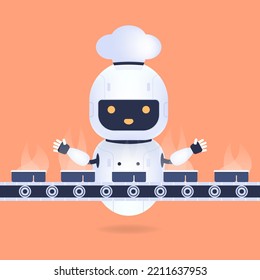 White Friendly Chef Robot In Frozen Food Factory. Cooking Robot Artificial Intelligence Concept.