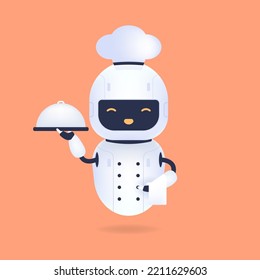 White friendly chef robot holding a serving tray and white towel. Cooking Robot Artificial Intelligence concept.