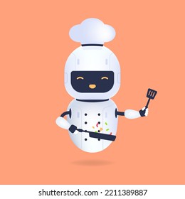 White friendly chef robot with pan and turner. Cooking Robot Artificial Intelligence concept.