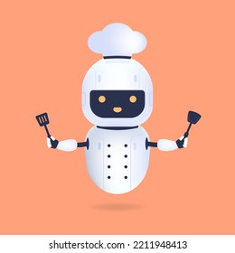 White friendly chef robot with turner and wok spatula. Cooking Robot Artificial Intelligence concept.