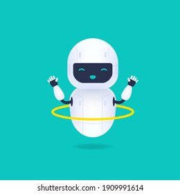 White friendly robot character. Cute and smile AI robot twirling a hoop.