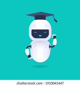 White friendly robot character. Graduated cute and smile AI robot wearing graduation cap. Machine learning concept.