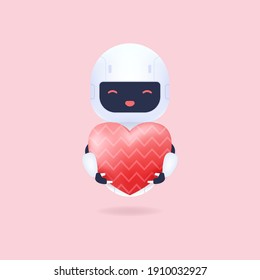 White friendly robot holding a heart balloon.