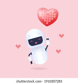 White friendly robot holding heart shape balloon.