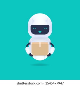 White friendly robot holding a parcel.