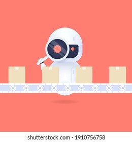 White friendly robot looking through the magnifying glass. Check the quality control of products on production line. QC quality control concept.