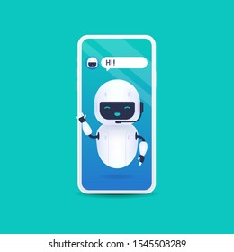 White friendly robot say hi. Chatbot future concept. Helping bot in smartphone.