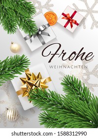 White Frohe Weihnachten translate Merry Christmas Holiday vertical poster illustration with realistic vector 3d gift under the Christmas treetop view, gold red silver gift box bow and snowflake banner