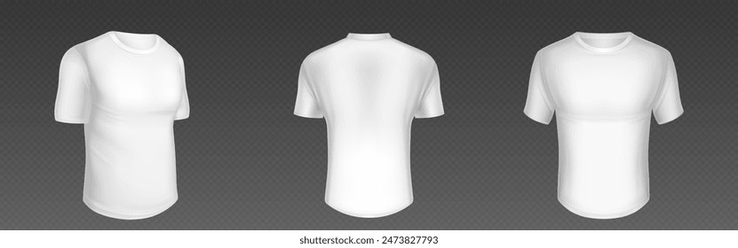 White front and back tshirt isolated vector mockup. 3d t shirt with short sleeve blank male garment mock up. Realistic empty cotton clothing for active sport promotion set. Man clothe advertising