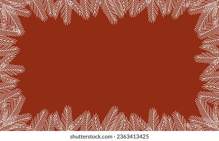 White frosted pine branches on red background, frame with copy space, vector