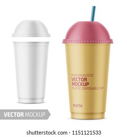 White frosted plastic disposable cup with dome lid for cold beverage - soda, ice tea or coffee, cocktail, milkshake, juice. 450 ml. Realistic packaging mockup template. Vector illustration.