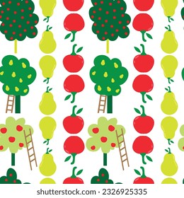 White Fruit trees seamless vector pattern. Vector pattern with apple and pear trees. Different shapes of fruit trees with big apples and pears