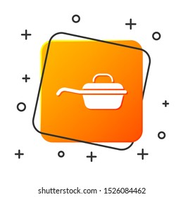 White Frying pan icon isolated on white background. Fry or roast food symbol. Orange square button. Vector Illustration