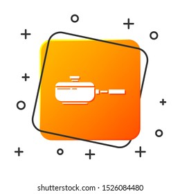 White Frying pan icon isolated on white background. Fry or roast food symbol. Orange square button. Vector Illustration