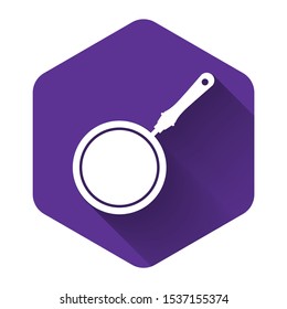 White Frying pan icon isolated with long shadow. Purple hexagon button. Vector Illustration