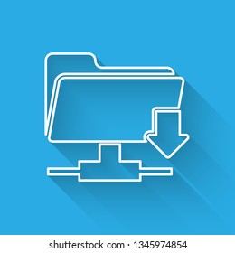 White FTP folder download icon isolated with long shadow. Concept of software update, transfer protocol, router, teamwork tool management, copy process. Vector Illustration