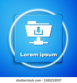 White FTP folder download icon isolated on blue background. Software update, transfer protocol, router, teamwork tool management, copy process. Blue square button. Vector Illustration