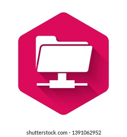 White FTP folder icon isolated with long shadow. Concept of software update, ftp transfer protocol, router, teamwork tool management, copy process, info. Pink hexagon button. Vector Illustration
