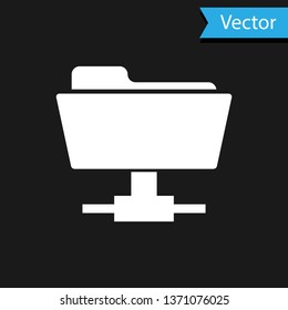 White FTP folder icon on black background. Concept of software update, ftp transfer protocol, router, teamwork tool management, copy process, info. Vector Illustration