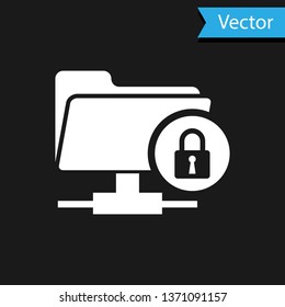 White FTP folder and lock icon isolated on black background. Concept of software update, ftp transfer protocol. Security, safety, protection concept. Vector Illustration