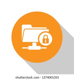 White FTP folder and lock icon isolated on white background. Concept of software update, ftp transfer protocol. Security, safety, protection concept. Orange circle button. Vector Illustration