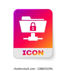 White FTP folder and lock icon isolated on white background. Concept of software update, ftp transfer protocol. Security, safety, protection concept. Rectangle color button. Vector Illustration