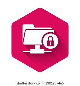 White FTP folder and lock icon isolated with long shadow. Concept of software update, ftp transfer protocol. Security, safety, protection concept. Pink hexagon button. Vector Illustration