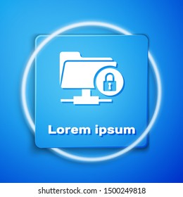 White FTP folder and lock icon isolated on blue background. Concept of software update, ftp transfer protocol. Security, safety, protection concept. Blue square button. Vector Illustration