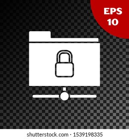 White FTP folder and lock icon isolated on transparent dark background. Concept of software update. Security, safety, protection concept.  Vector Illustration