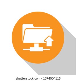 White FTP folder upload icon on white background. Concept of software update, transfer protocol, router, teamwork tool management, copy process. Orange circle button. Flat design. Vector Illustration