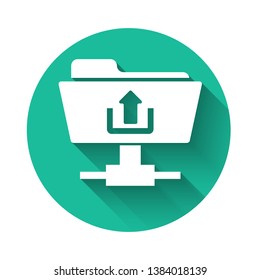White FTP folder upload icon isolated with long shadow. Concept of software update, transfer protocol, router, teamwork tool management, copy process. Green circle button. Vector Illustration