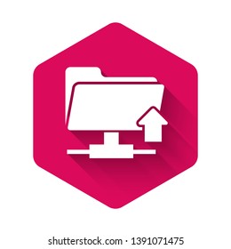 White FTP folder upload icon isolated with long shadow. Concept of software update, transfer protocol, router, teamwork tool management, copy process. Pink hexagon button. Vector Illustration