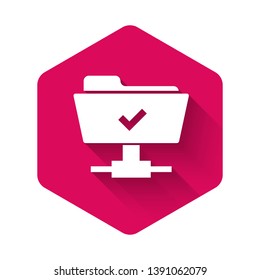 White FTP operation successful icon with long shadow. Concept of software update, transfer protocol, teamwork tool management, copy process. Pink hexagon button. Vector Illustration