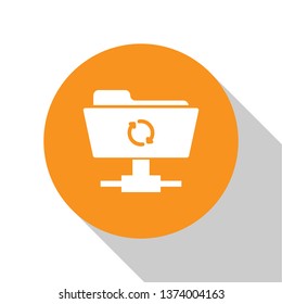 White FTP sync refresh icon on white background. Concept of software update, transfer protocol, router, teamwork tool management, copy process. Orange circle button. Flat design. Vector Illustration