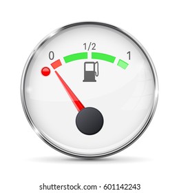 White fuel gauge with chrome frame. Empty tank. Vector 3d illustration isolated on white background