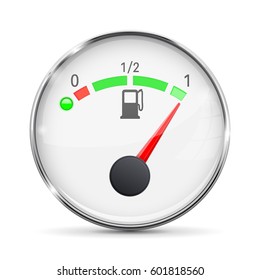 White fuel gauge with chrome frame. Full tank. Vector 3d illustration isolated on white background