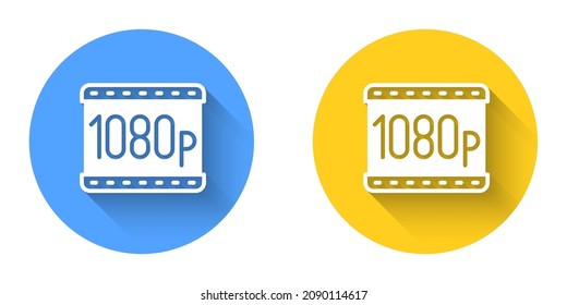 White Full HD 1080p icon isolated with long shadow background. Circle button. Vector
