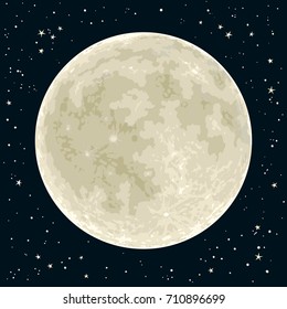 White full Moon and stars on a night sky. Hand drawn vector illustration