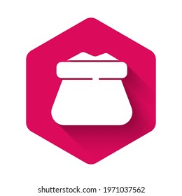 White Full sack icon isolated with long shadow. Pink hexagon button. Vector