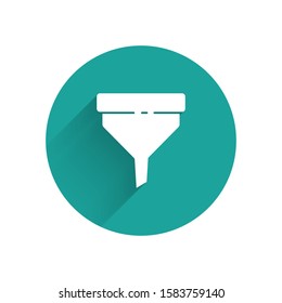 White Funnel or filter icon isolated with long shadow. Green circle button. Vector Illustration