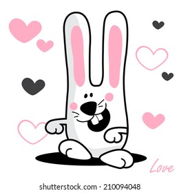 White funny bunny, love theme, vector illustration