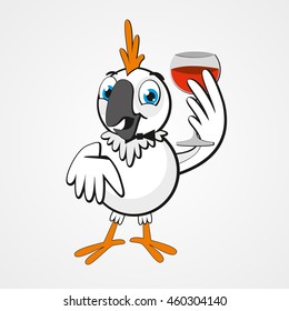 White funny cartoon hilarious parrot with a glass of wine isolated on white background. Vector illustration.