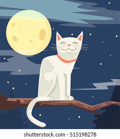 White funny cat character sitting on tree branch. Vector flat cartoon illustration