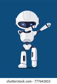 White funny dabbing robot, vector illusration of representative of artificial intelligence with glossy blue eyes isolated on deep blue background